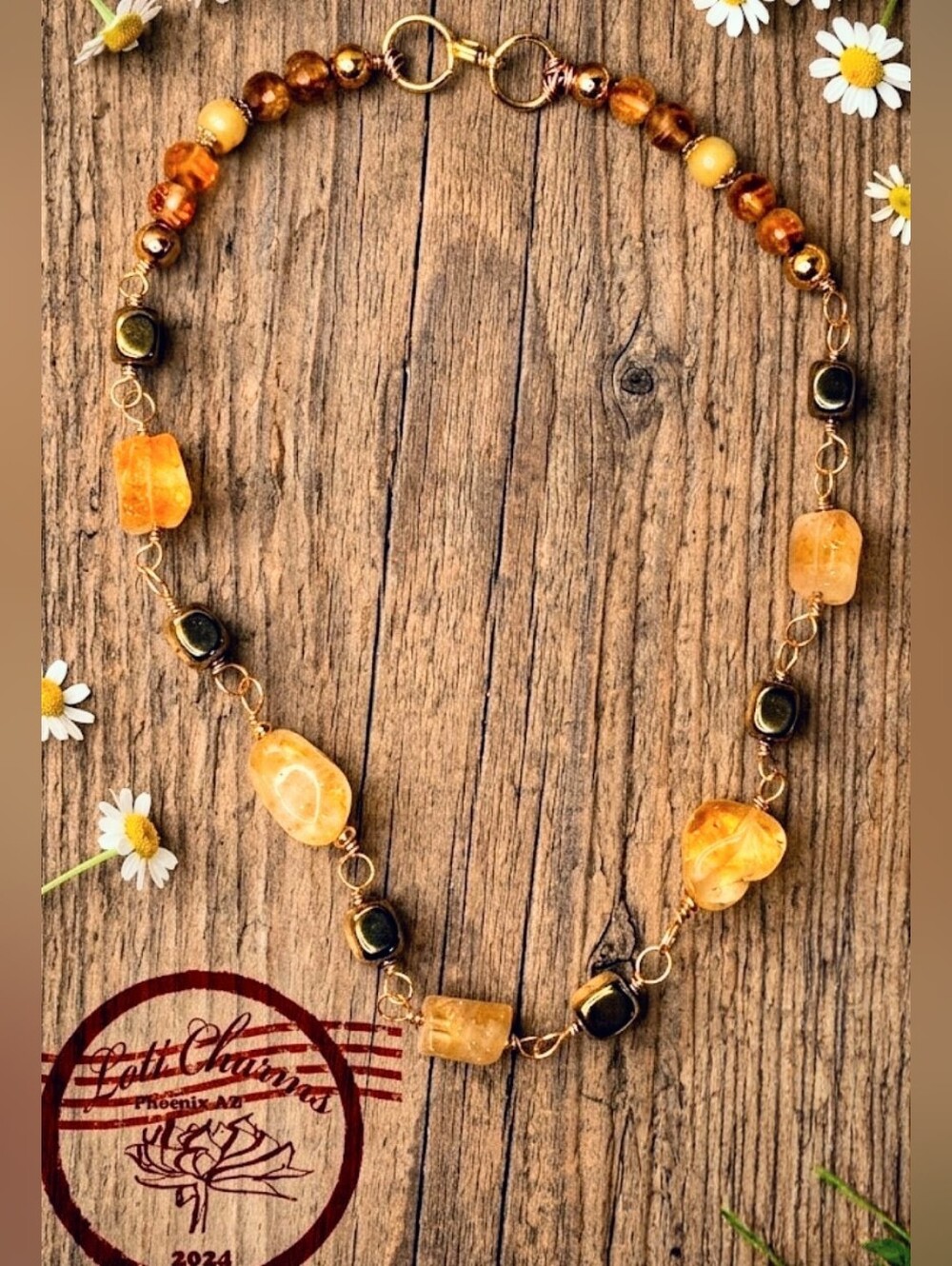 Naturally Formed Citrine In Chunky Rosary W/ Hematite In Rosary Style Necklace​